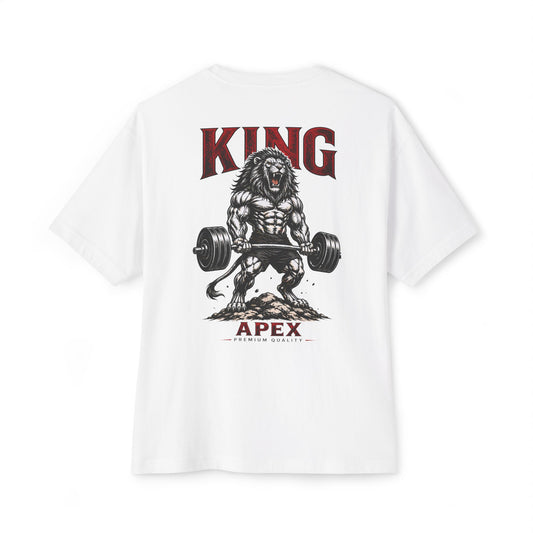 KING APEX oversized white t-shirt back view with Power lion lifting design
