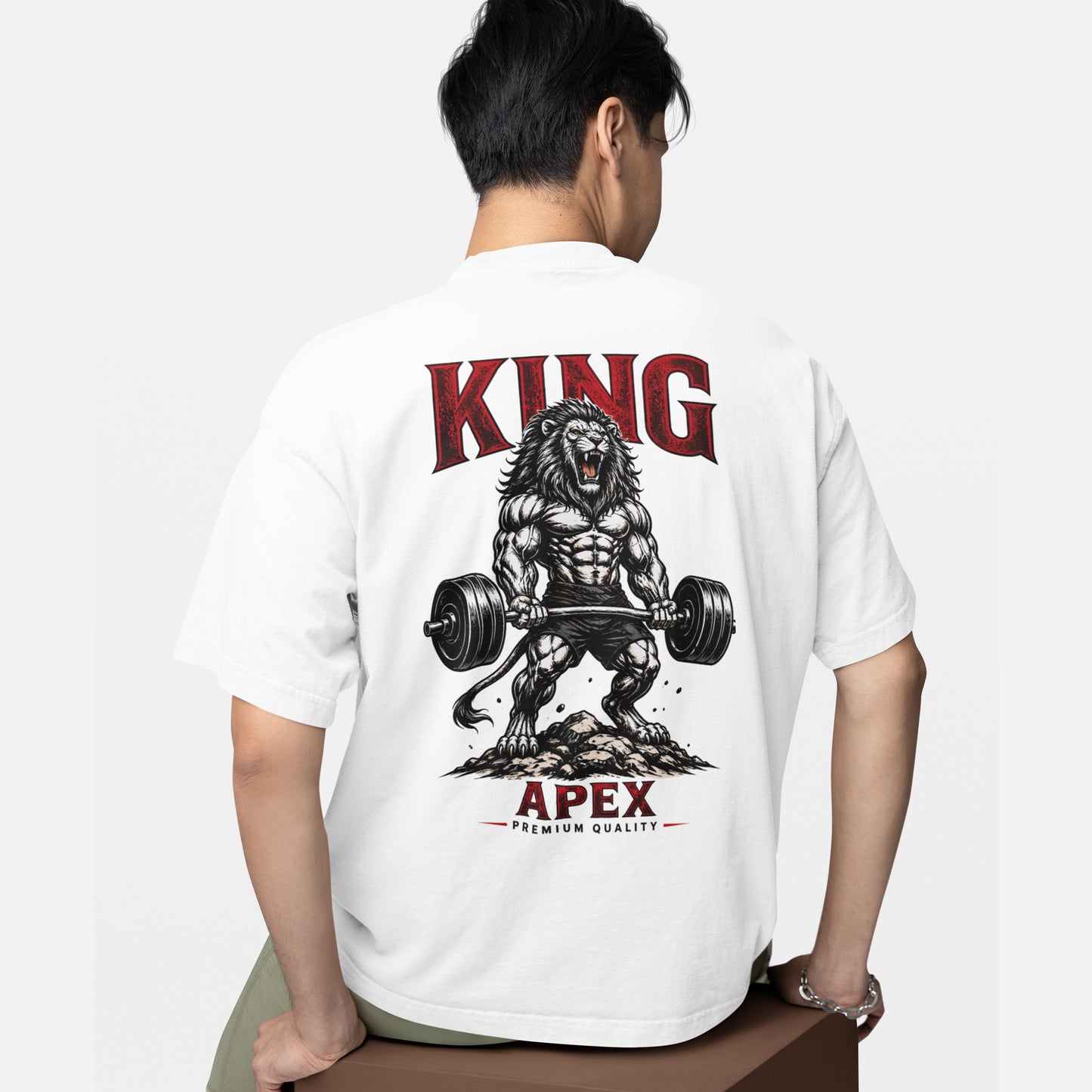 model wearing KING APEX oversized white t-shirt Power edition