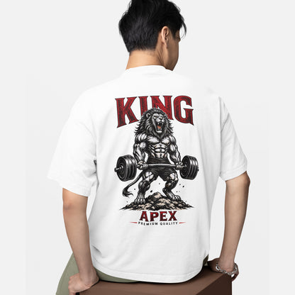 model wearing KING APEX oversized white t-shirt Power edition