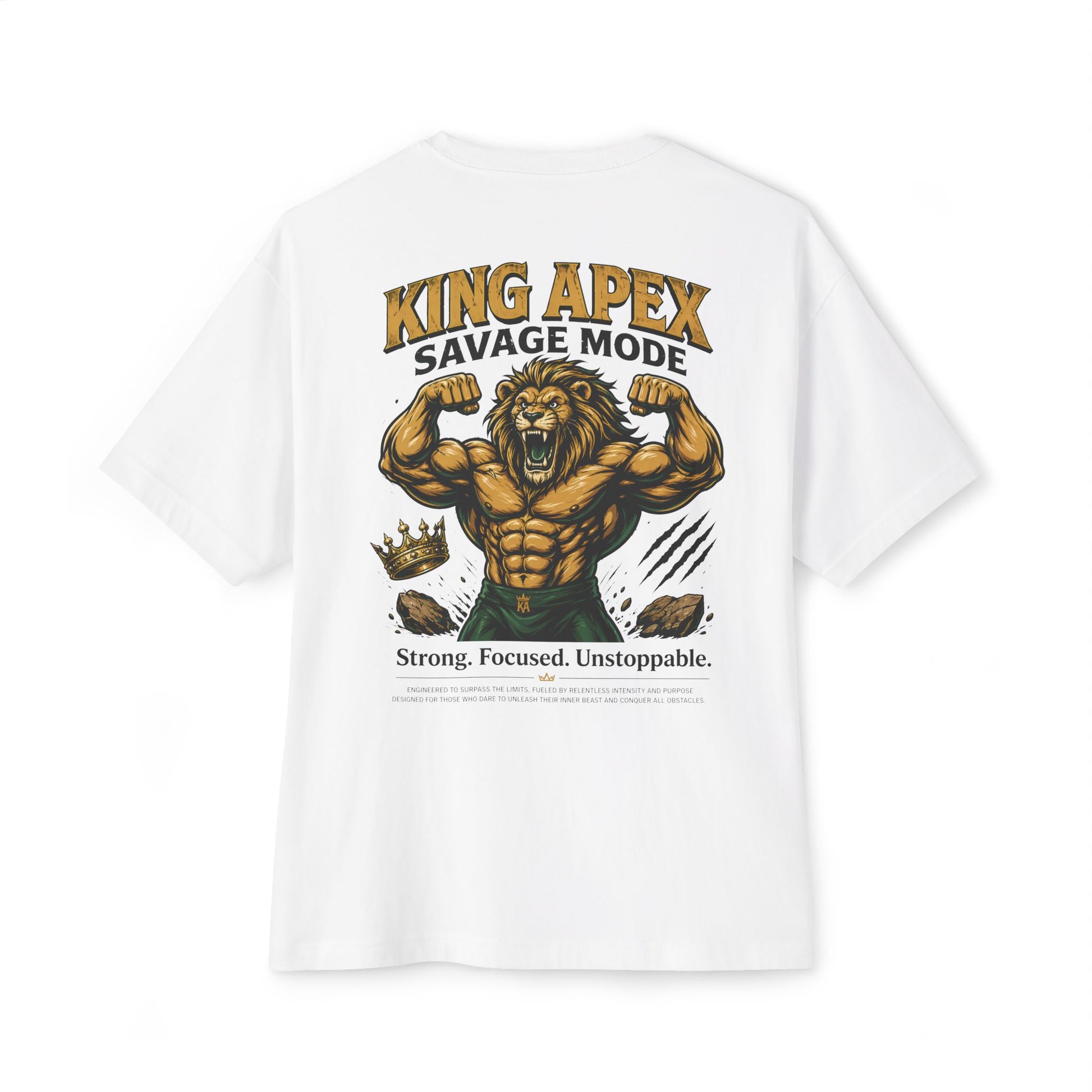 KING APEX oversized white t-shirt back view with Savage Mode muscular lion design