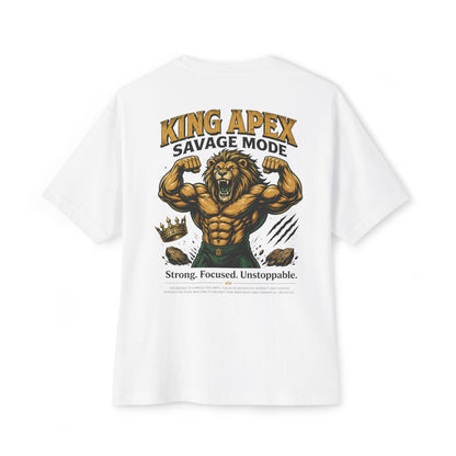 KING APEX oversized white t-shirt back view with Savage Mode muscular lion design