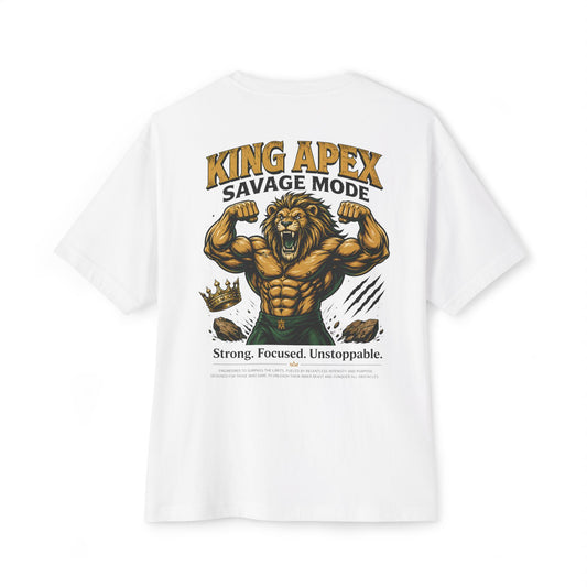 KING APEX oversized white t-shirt back view with Savage Mode muscular lion design