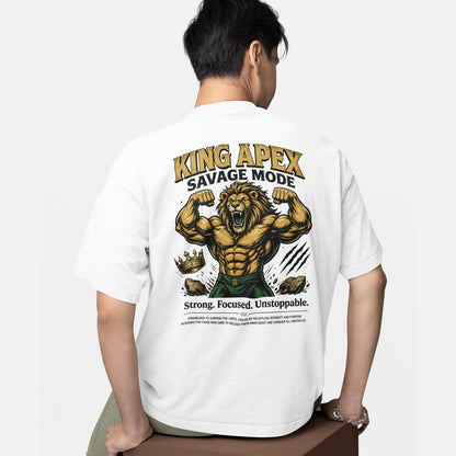 model wearing KING APEX oversized white t-shirt Savage Mode lion design
