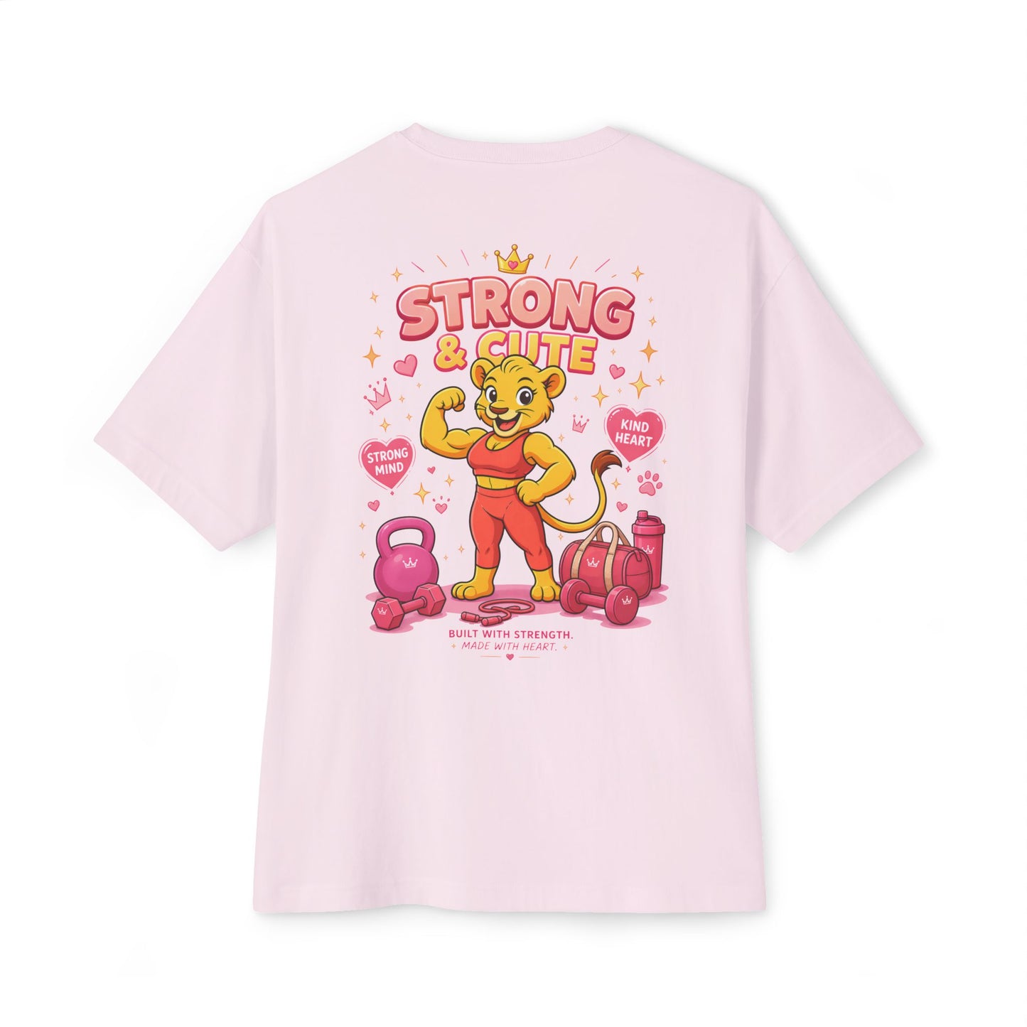 KING APEX oversized pink t-shirt back view with Strong and Cute lioness design