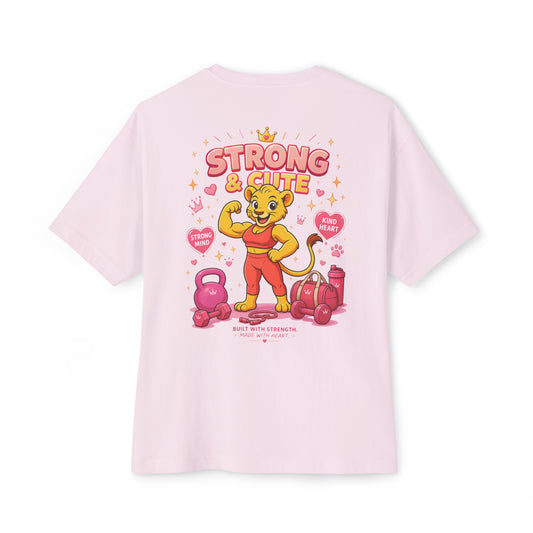KING APEX oversized pink t-shirt back view with Strong and Cute lioness design