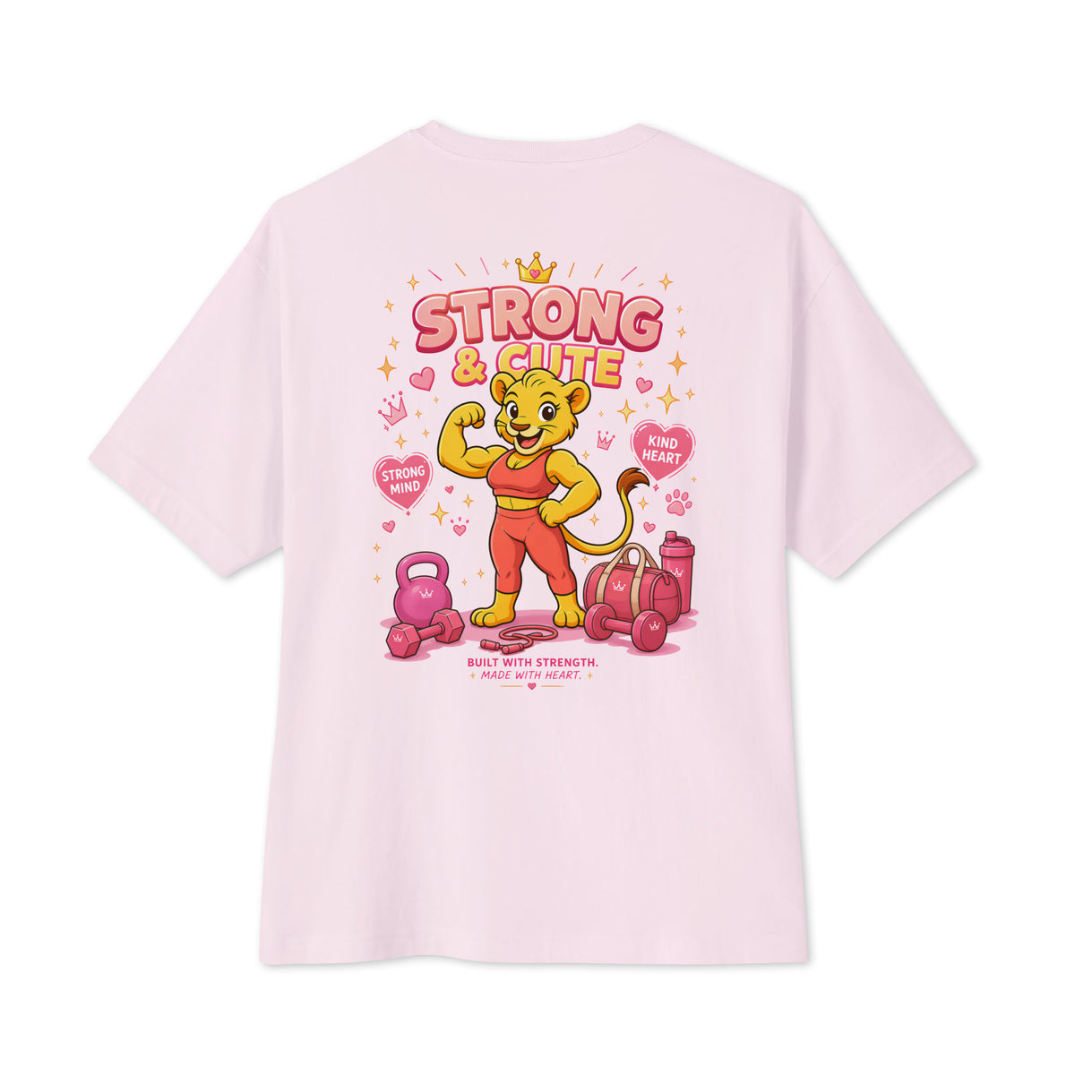 Back product view of the KING APEX Soft Pink oversized T-shirt with the Strong & Cute lioness and gym-themed graphic.