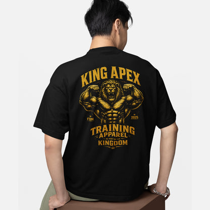 model wearing KING APEX oversized black t-shirt Training Apparel edition with lion graphic