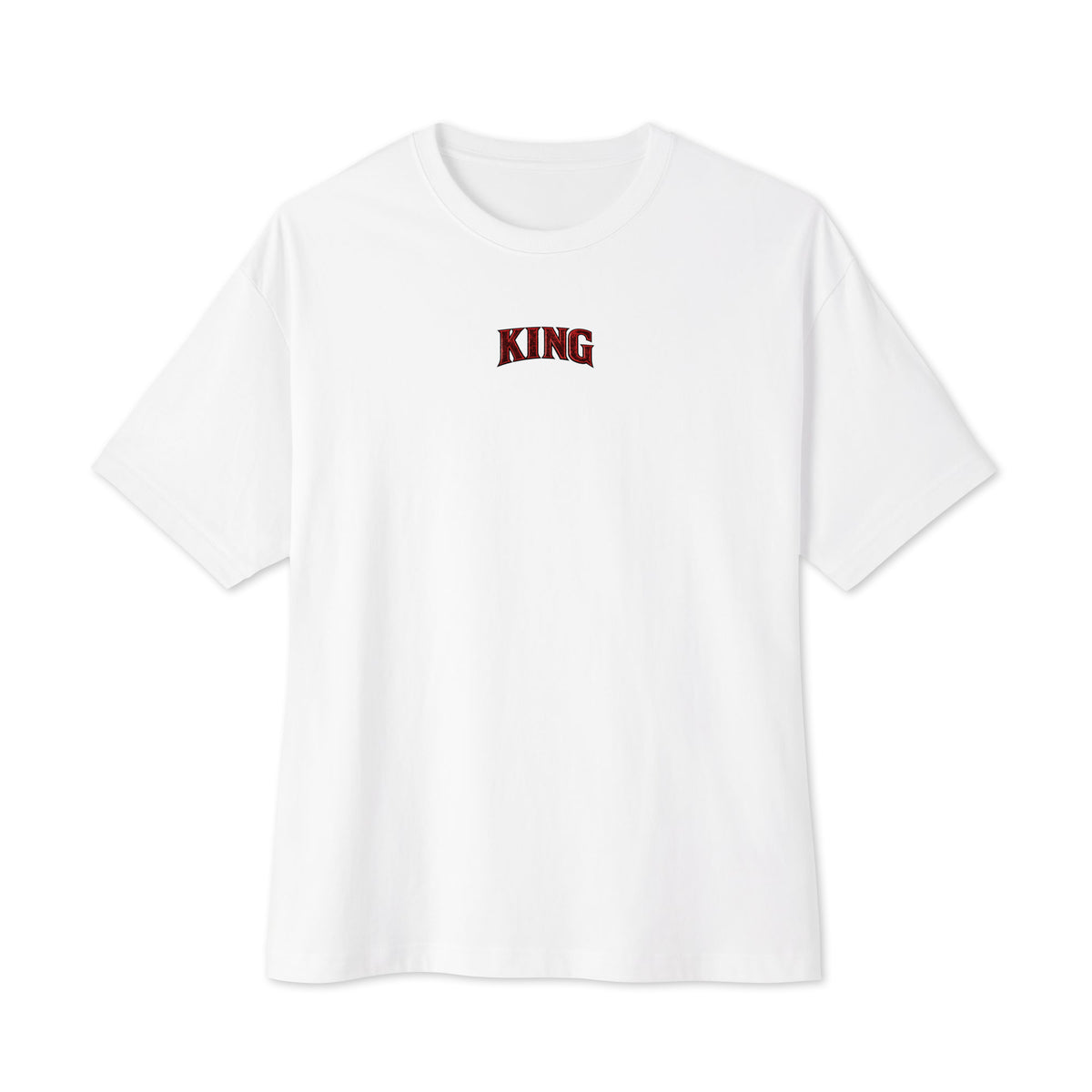 Front of the white KING APEX Power oversized T-shirt, with a small distressed red KING print outlined in black at the center of the chest.