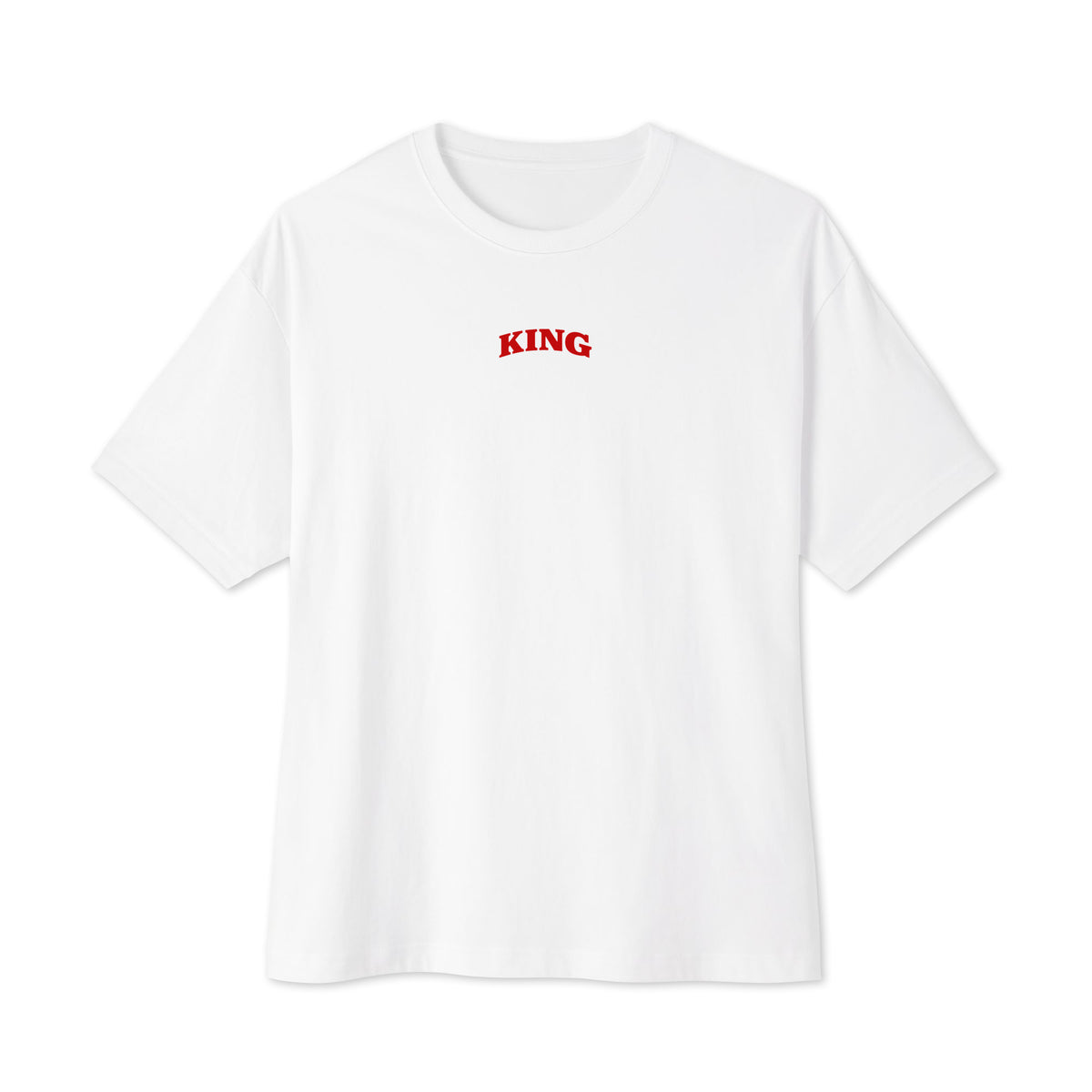 Front of the white KING APEX Queen’s Bulk oversized T-shirt, showing the small red KING chest print.