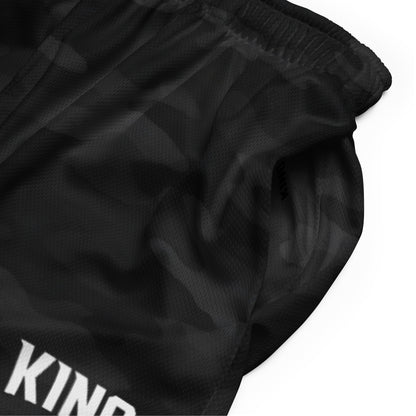 Side close-up KING logo on mesh — Shadow Camo Edition Shorts
