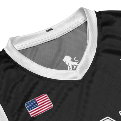 Close up collar detail of KING Basketball Jersey Black APEX Edition premium breathable polyester sports fabric