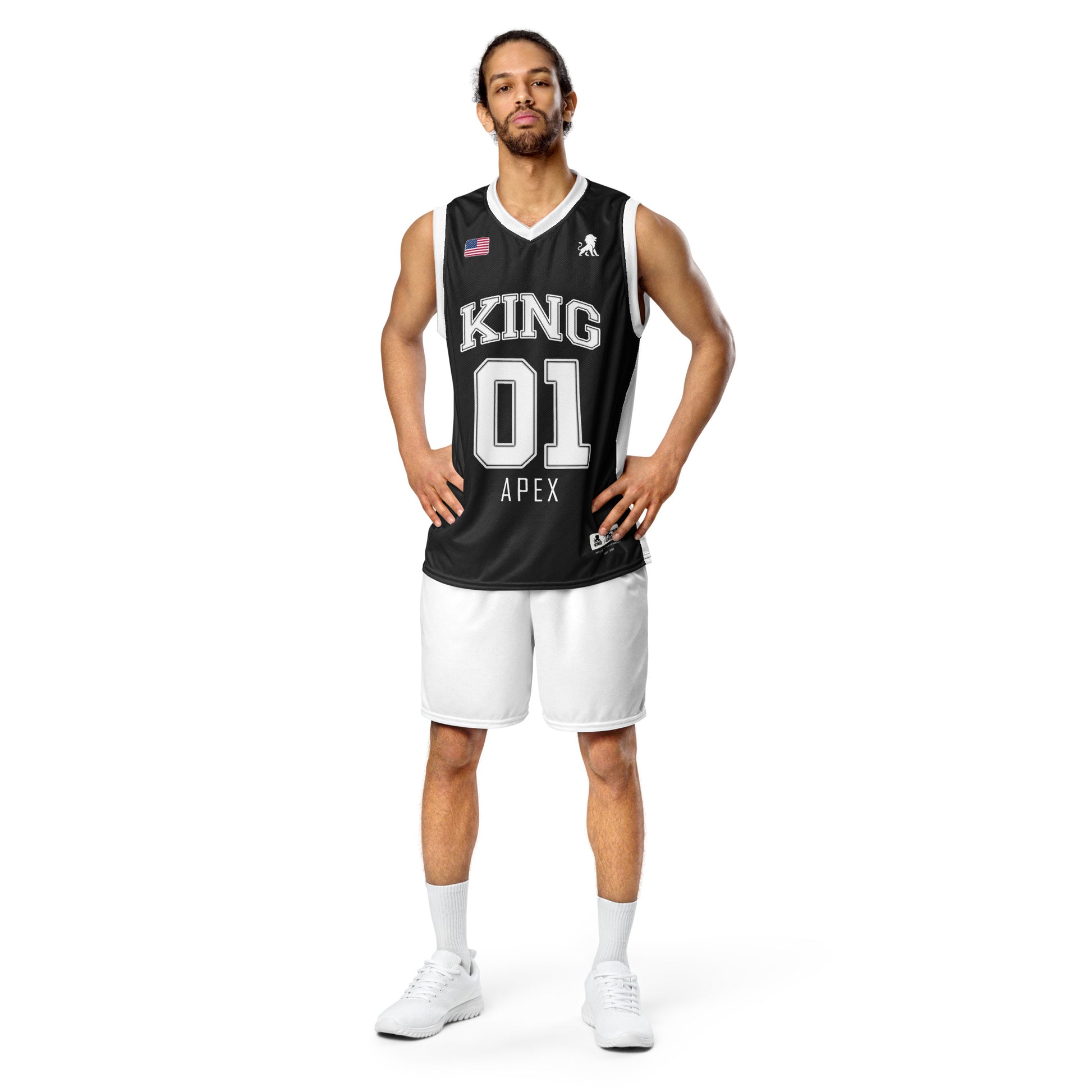 Male athlete wearing KING Basketball Jersey Black APEX Edition front view premium performance sportswear