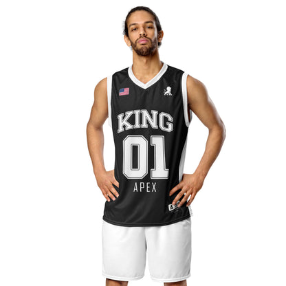 Male athlete wearing KING Basketball Jersey Black APEX Edition front view premium performance sportswear closer view