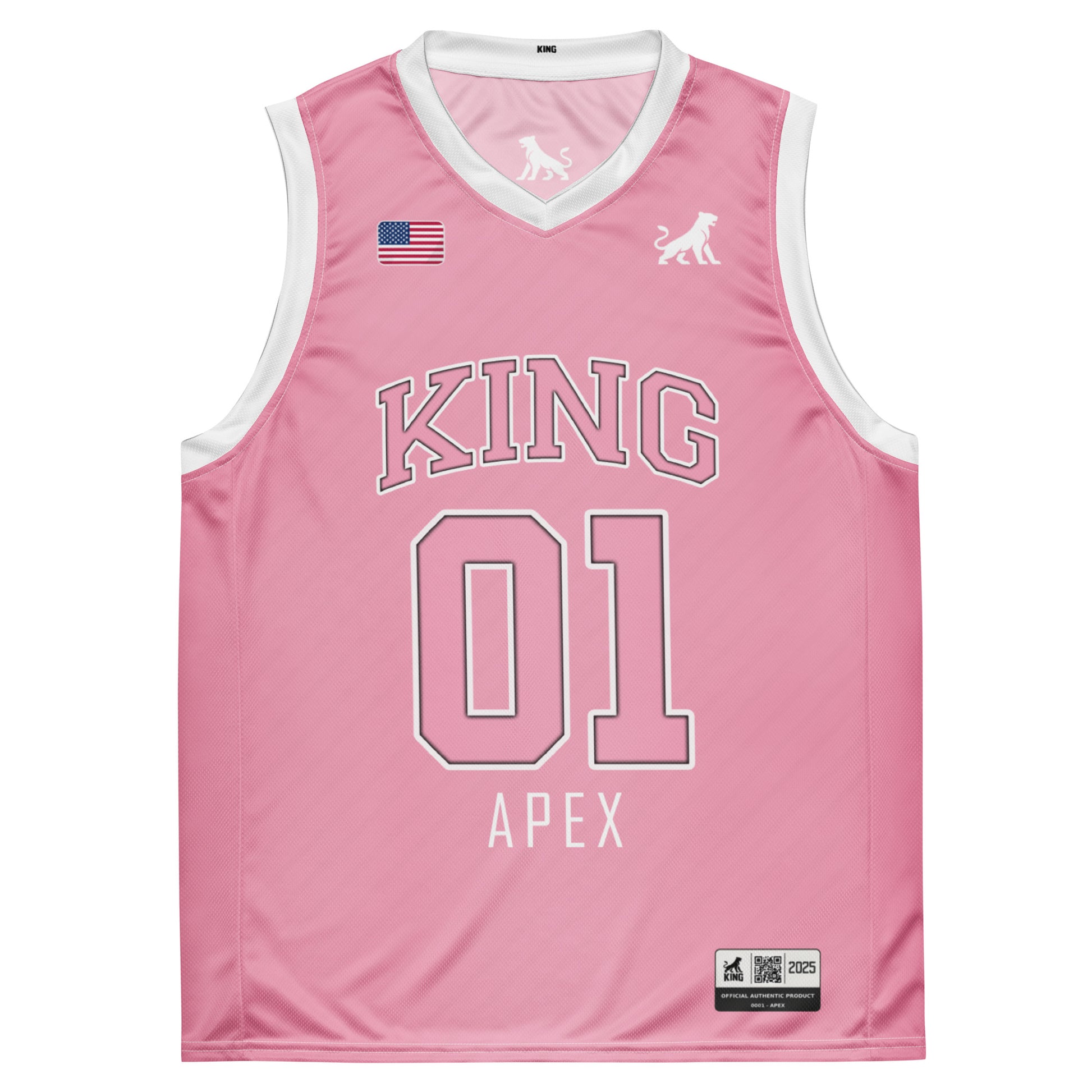 Pink KING basketball jersey Lioness edition front flat lay with number 01 and minimalist lioness logo