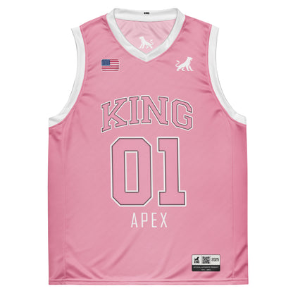 Pink KING basketball jersey Lioness edition front flat lay with number 01 and minimalist lioness logo