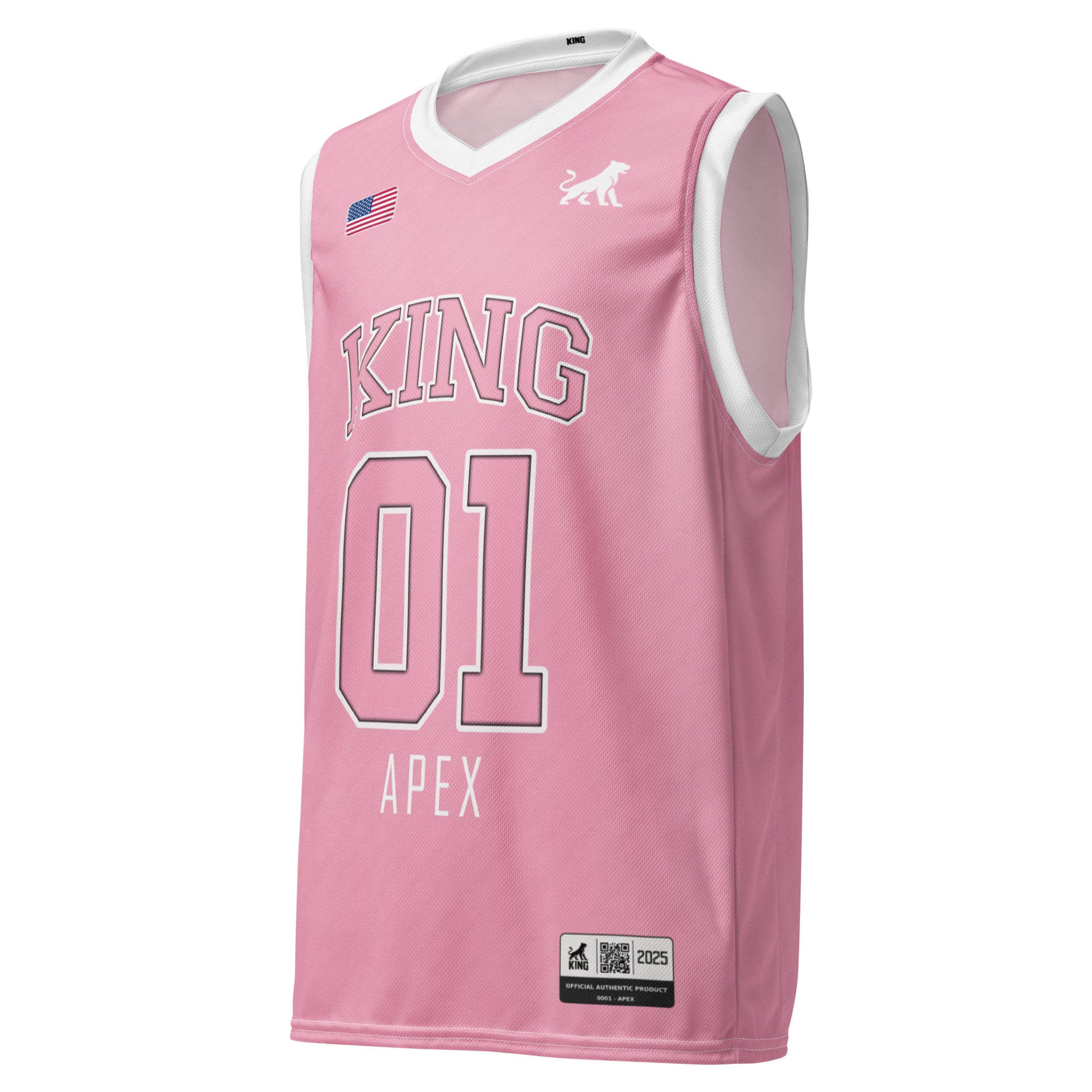 Pink KING basketball jersey Lioness edition front view with number 01 and minimalist logo