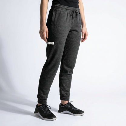 Dark Heather KING joggers angled view showing tapered fit and minimal logo