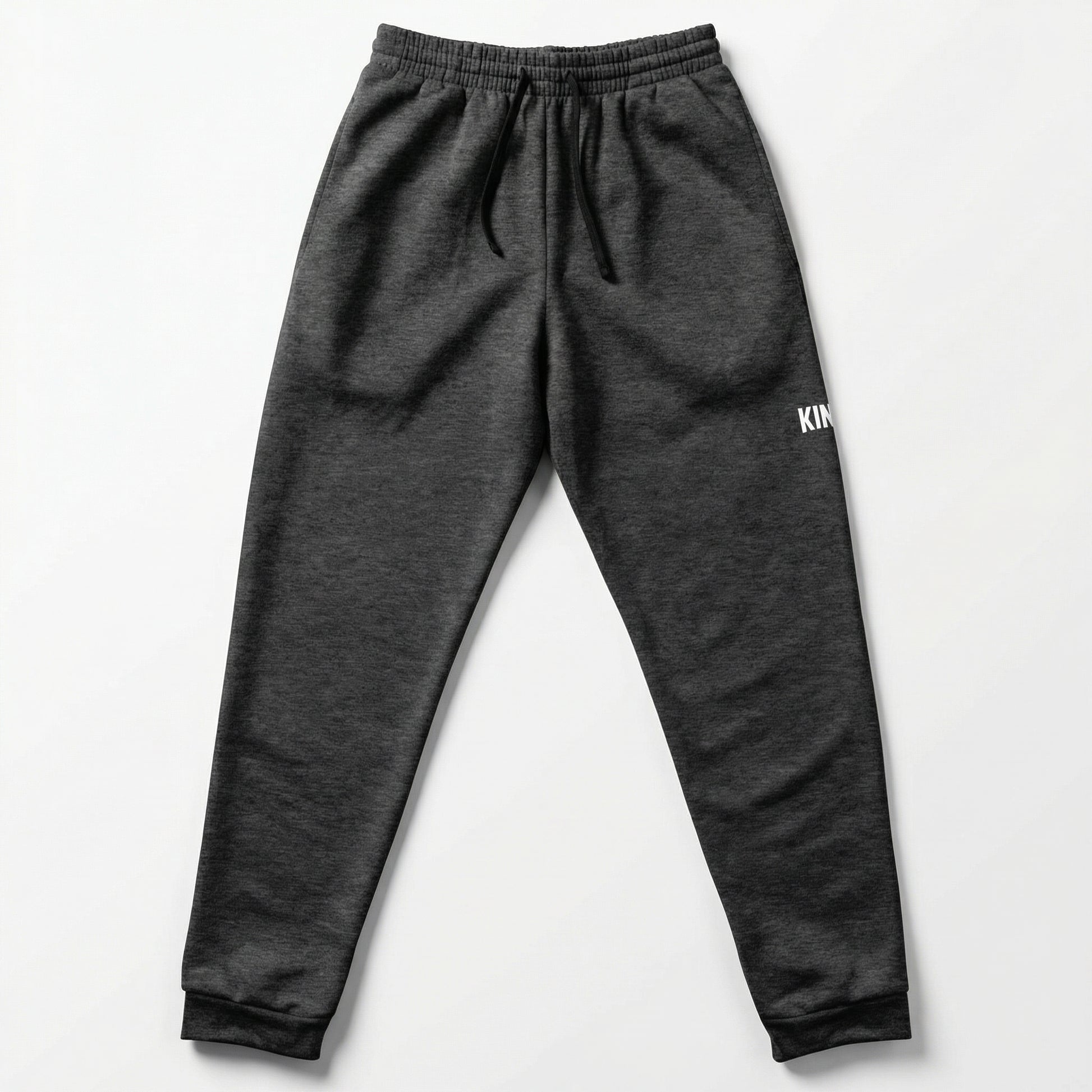 Flat lay front view of KING Essential Joggers Dark Heather