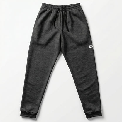 Flat lay front view of KING Essential Joggers Dark Heather
