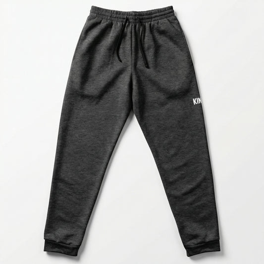 Flat lay front view of KING Essential Joggers Dark Heather