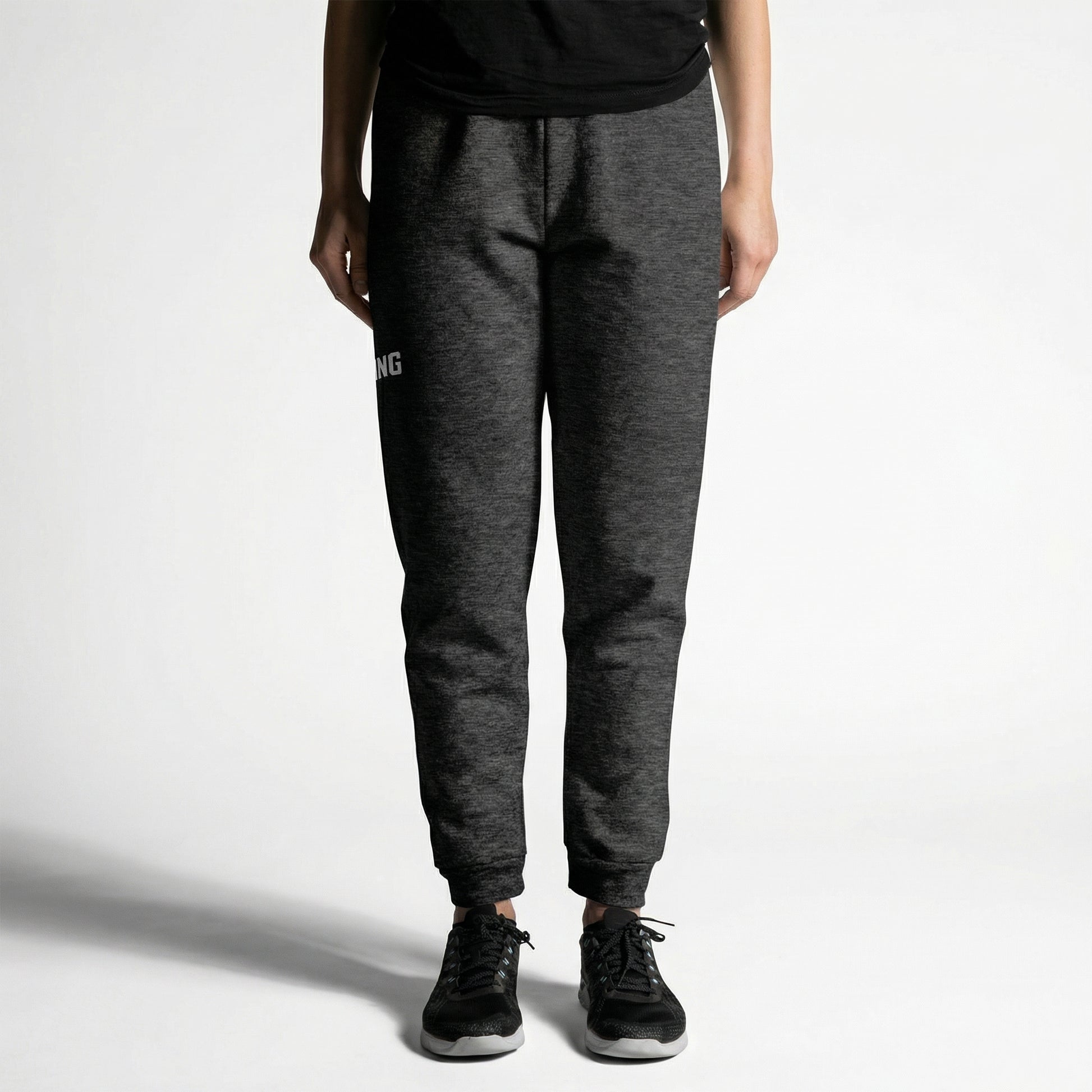 KING Essential Joggers Dark Heather front view on model with minimal logo