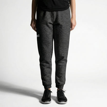 KING Essential Joggers Dark Heather front view on model with minimal logo