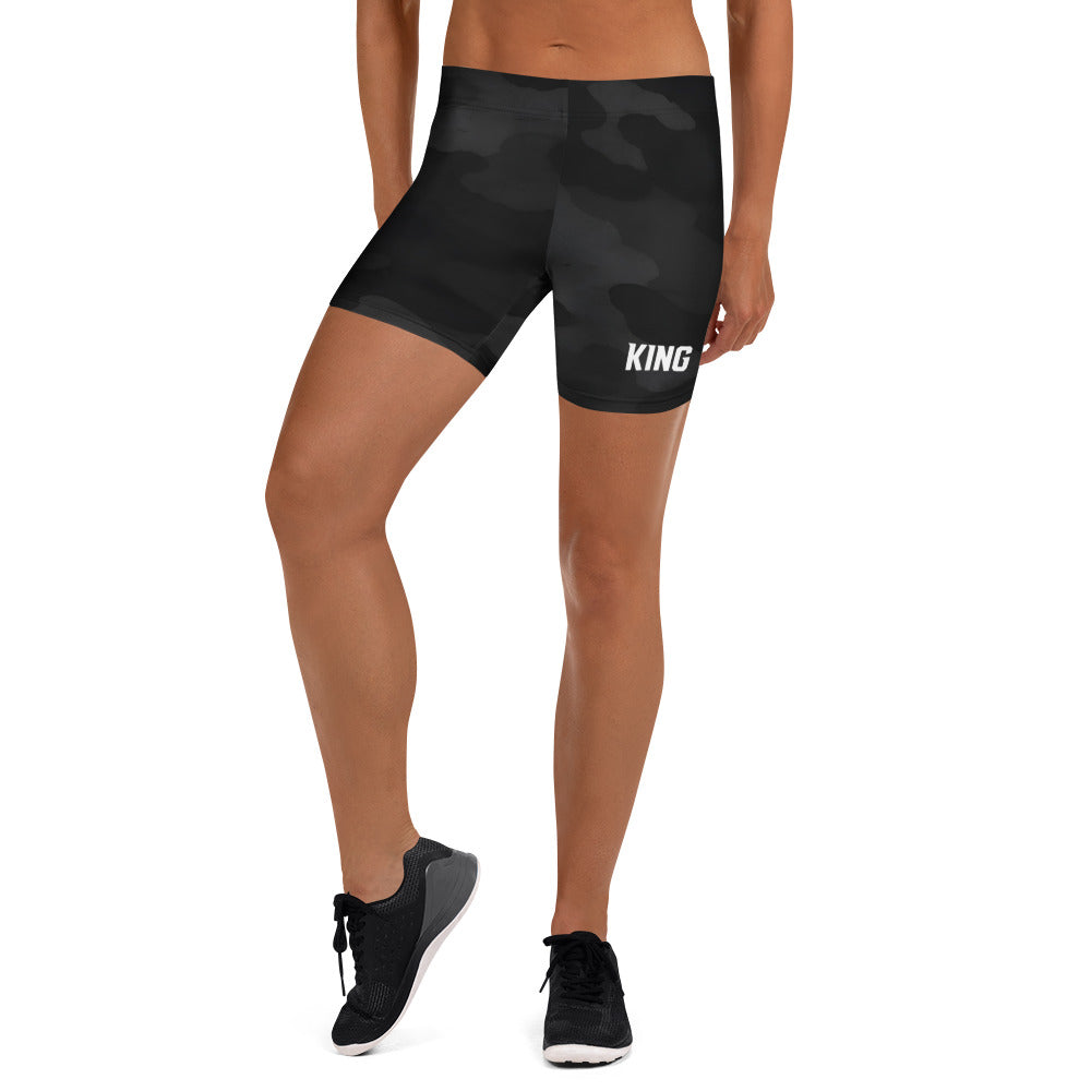 Black camo women’s training shorts Lioness front view.
