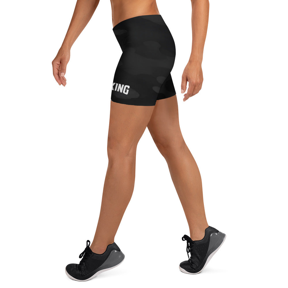 Shadow camo squat proof gym shorts, side view.