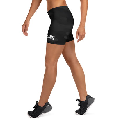 Shadow camo squat proof gym shorts, side view.