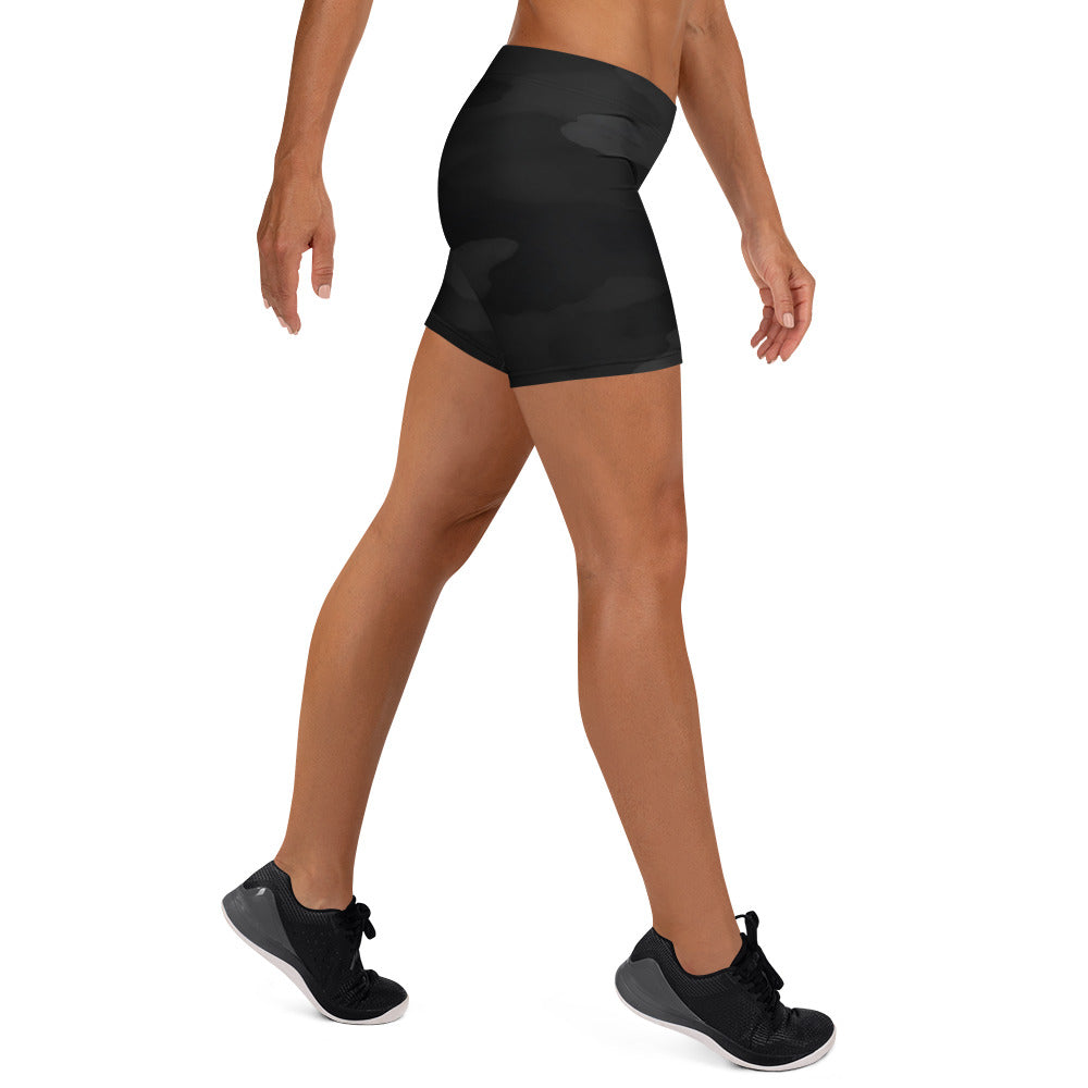 Black camo women’s training shorts Lioness, side view.