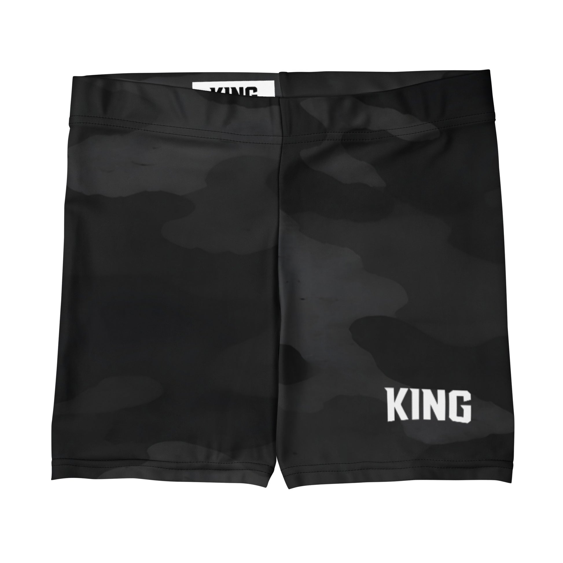 KING Lioness Apex Training Shorts in black shadow camo with subtle texture, front flat view
