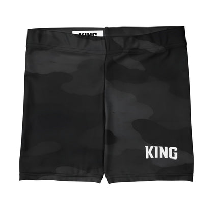 KING Lioness Apex Training Shorts in black shadow camo with subtle texture, front flat view
