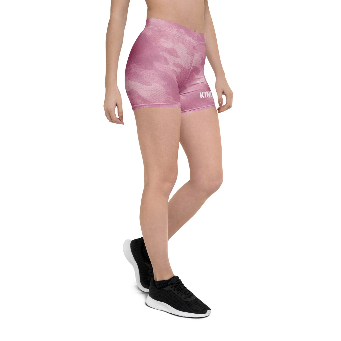 KING Lioness Apex Training Shorts in blush camo featuring a sculpted fit, high-waisted waistband and minimalist KING logo — front view
