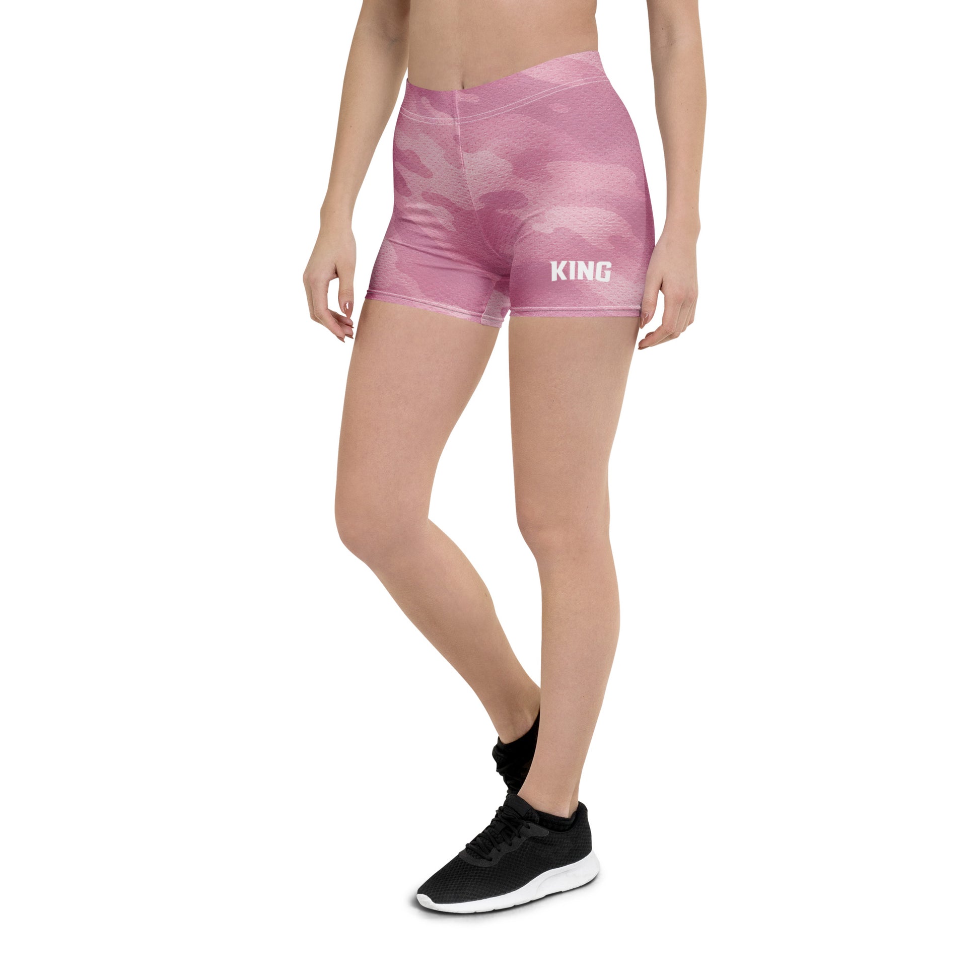 KING Lioness Apex Training Shorts in blush camo featuring a sculpted fit, high-waisted waistband and minimalist KING logo — front view
