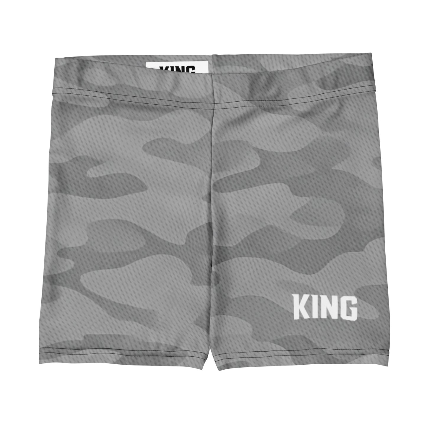 KING Lioness Apex Training Shorts in gray camo with breathable athletic texture, front flat view