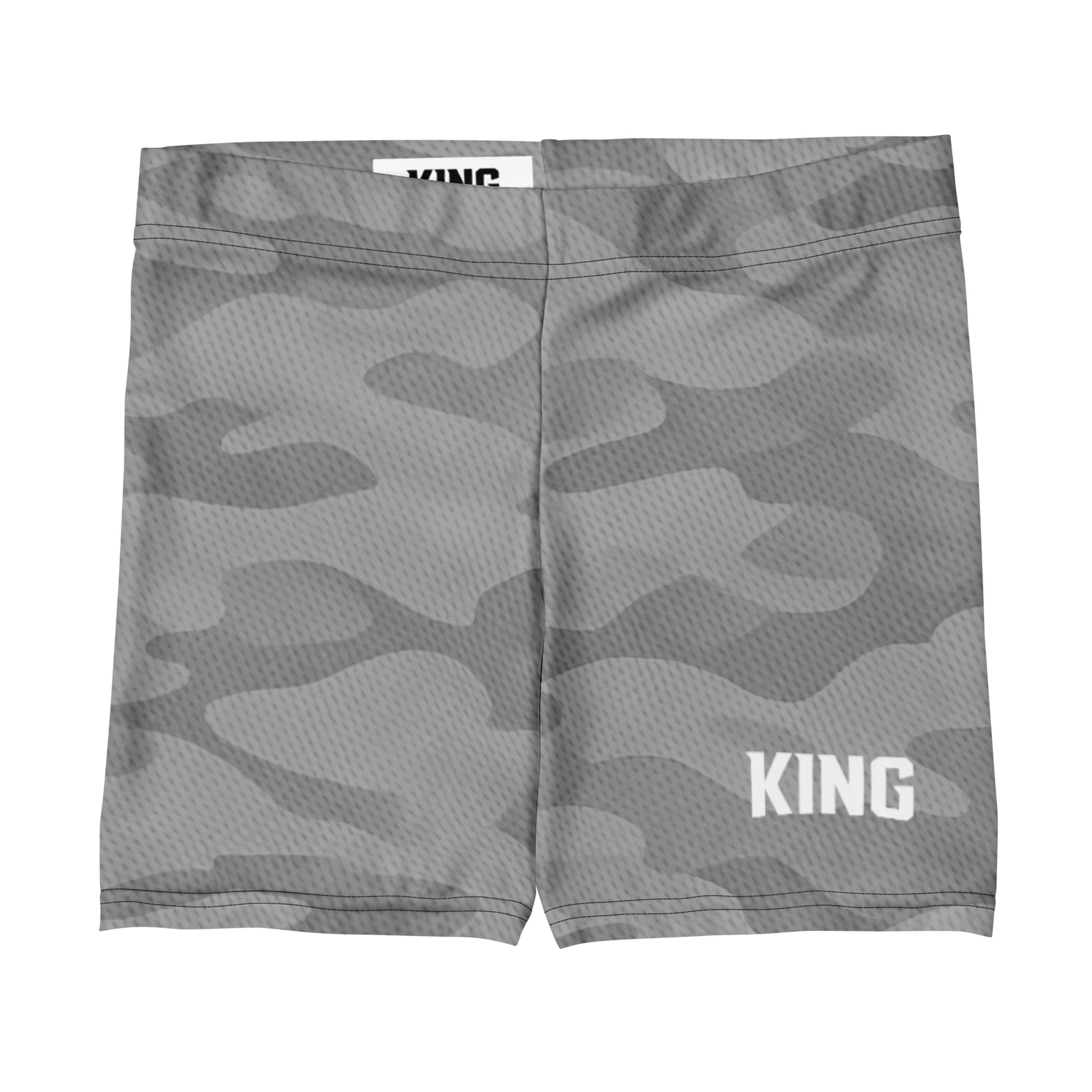 KING Lioness Apex Training Shorts in gray camo with breathable athletic texture, front flat view