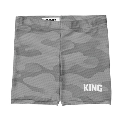 KING Lioness Apex Training Shorts in gray camo with breathable athletic texture, front flat view