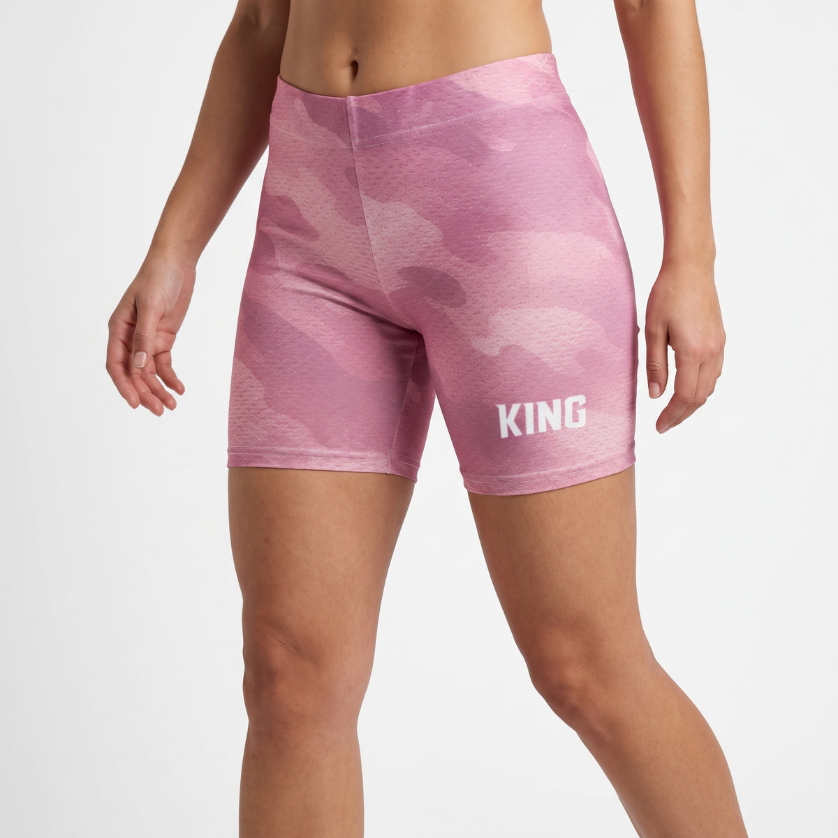 KING Lioness Apex Training Shorts Rose Camo, women's gym shorts front fit view