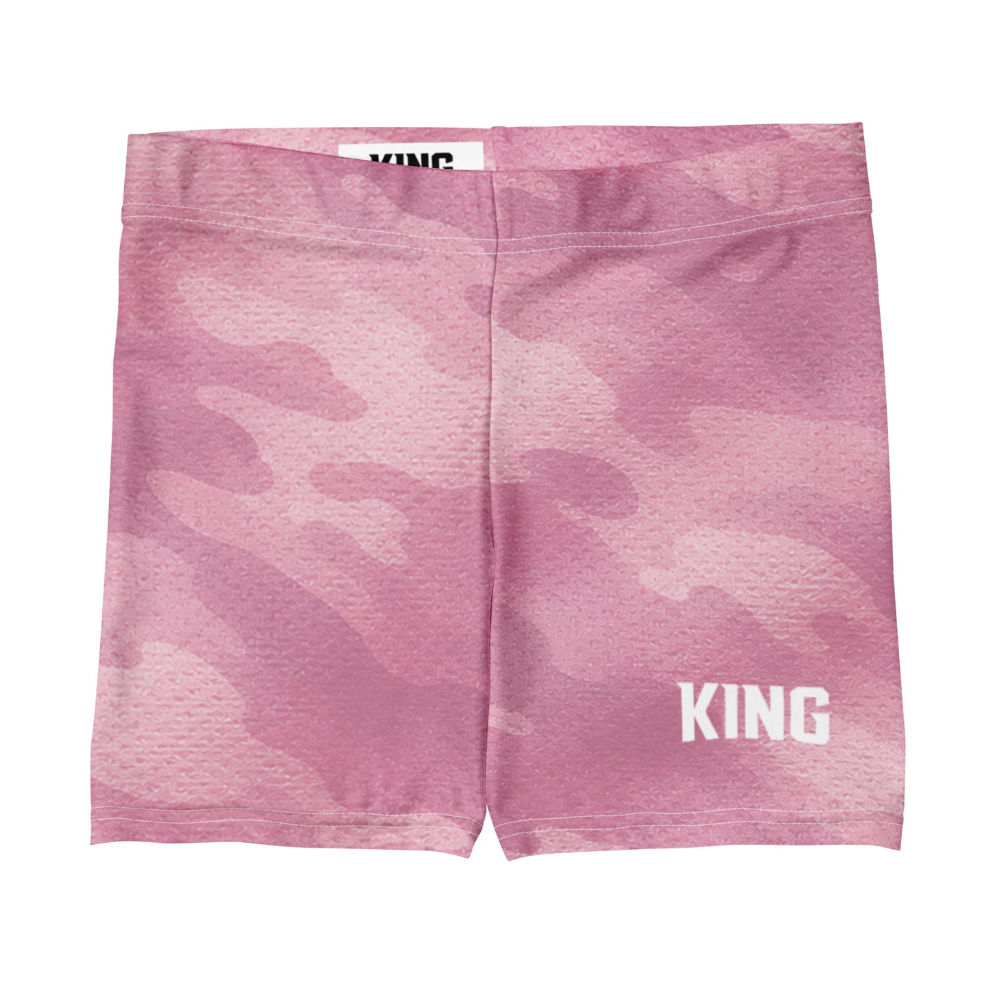 KING Lioness Apex Training Shorts in rose camo with minimal KING logo, front flat view