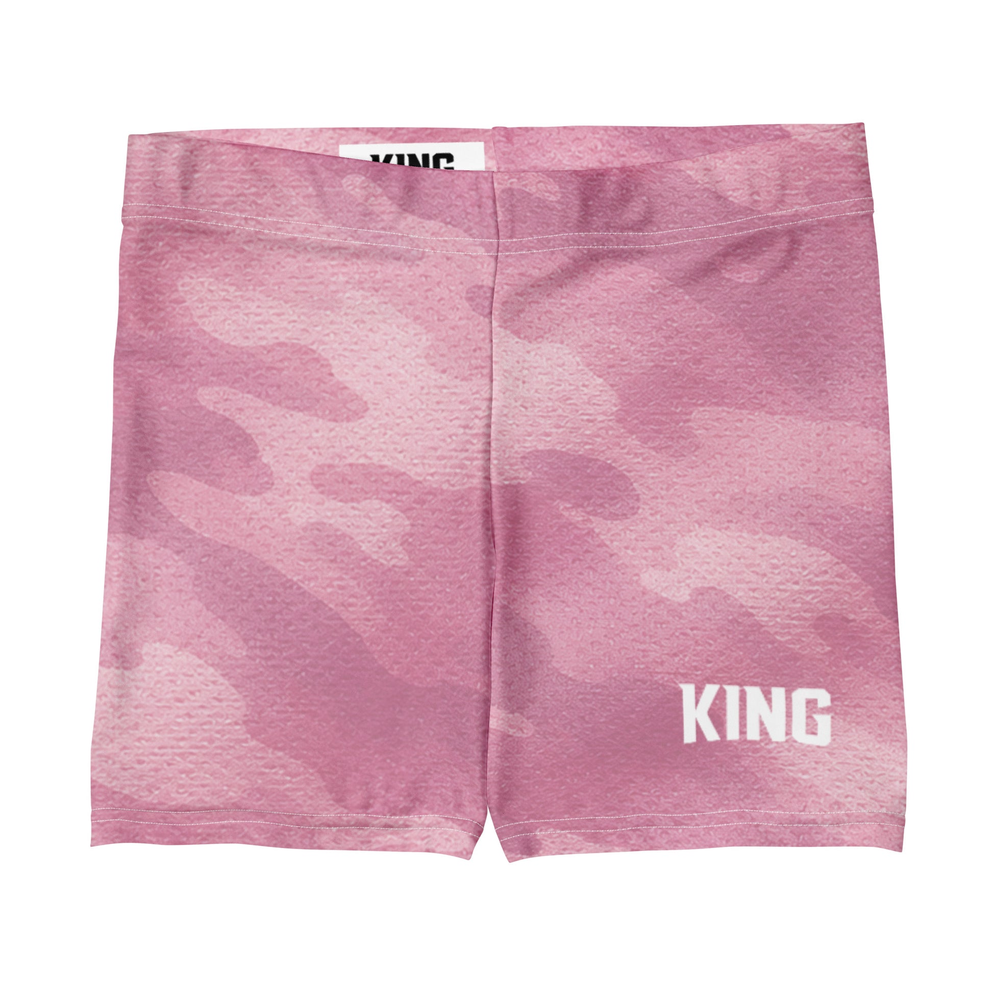 KING Lioness Apex Training Shorts in rose camo with minimal KING logo, front flat view