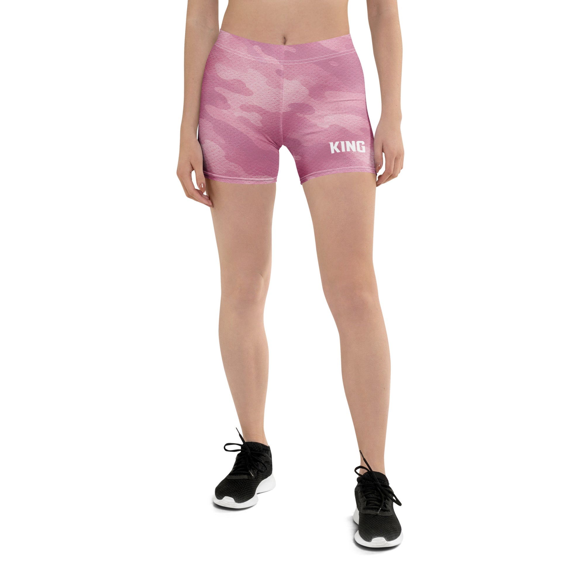 Women's blush camo training shorts with sculpted fit and minimal KING logo