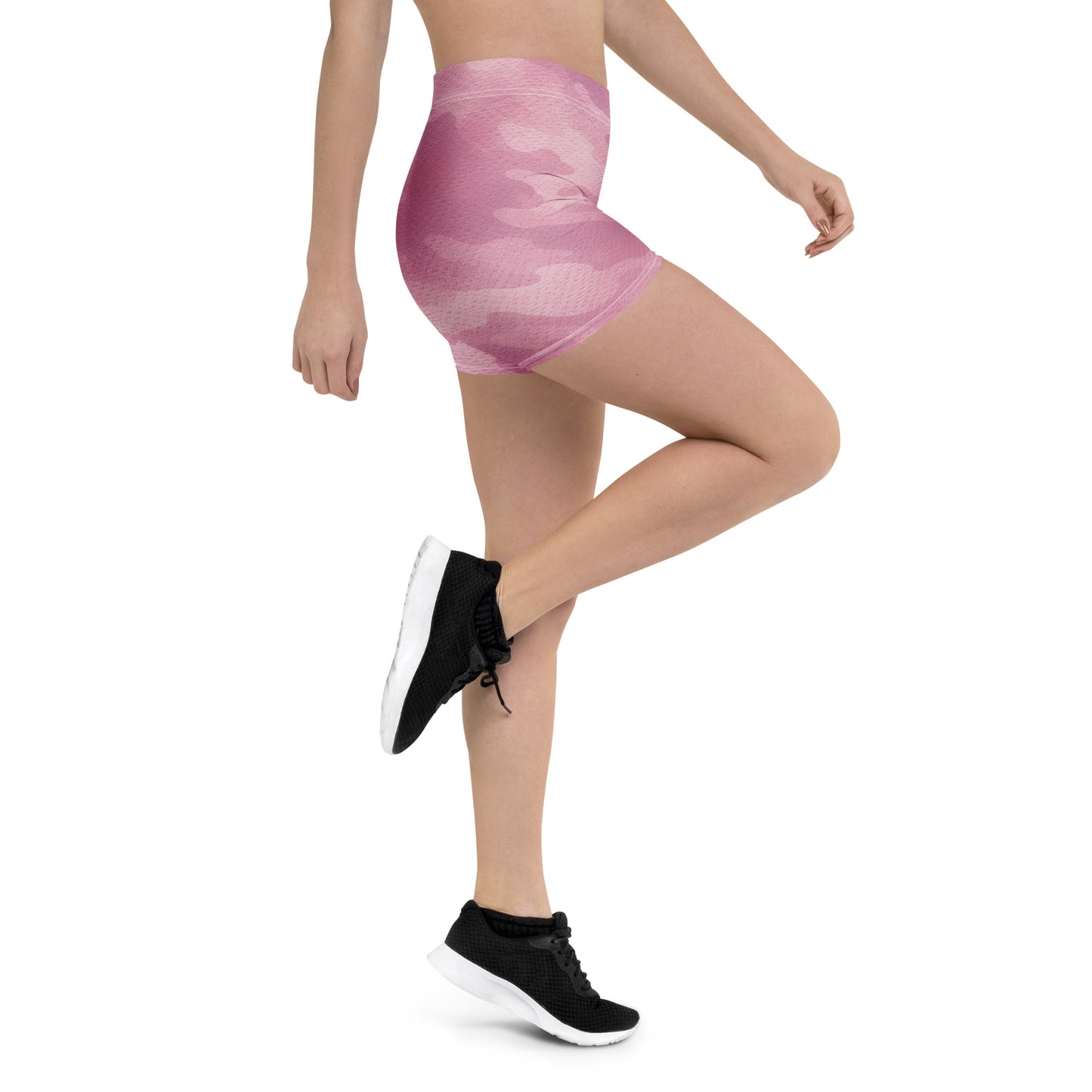 Women's blush camo training shorts side view.