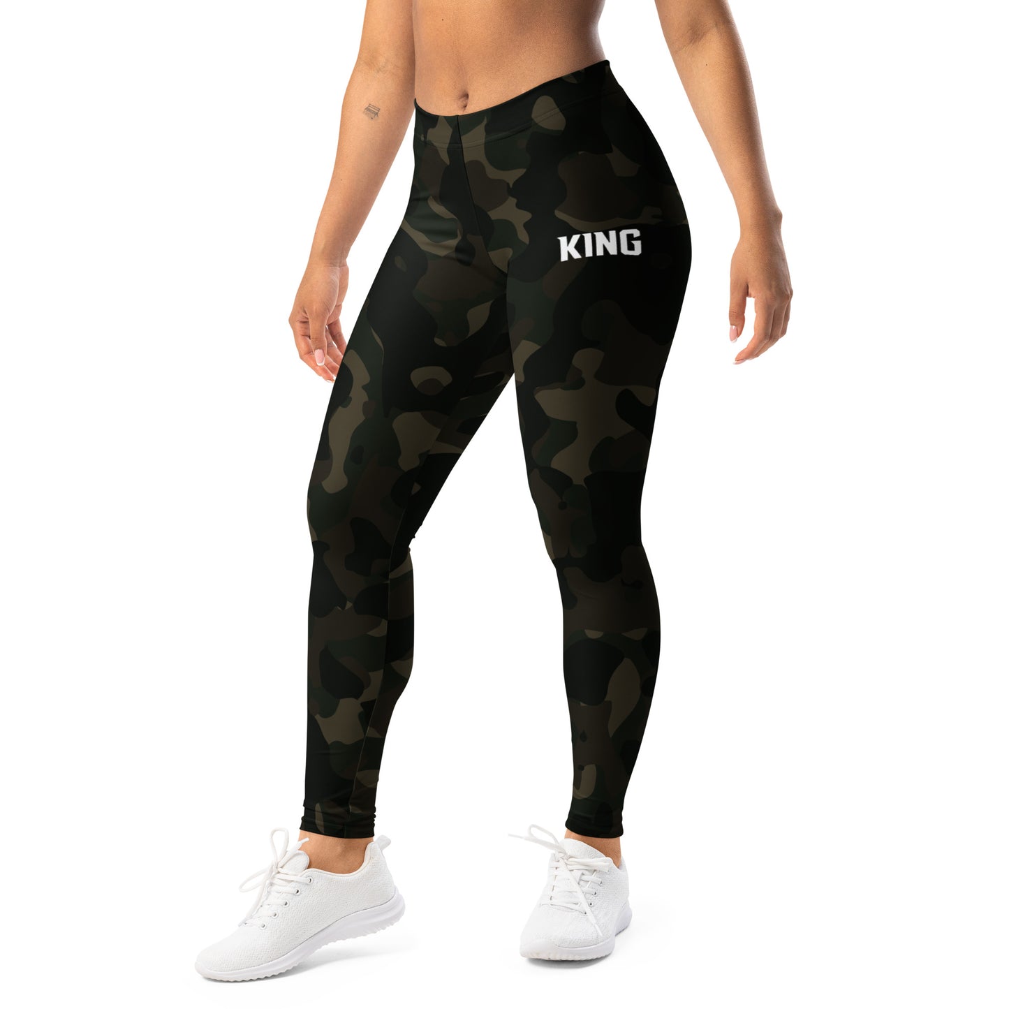Full body view of KING Lioness Military Camo Leggings – Jungle Edition, premium activewear designed for performance and style