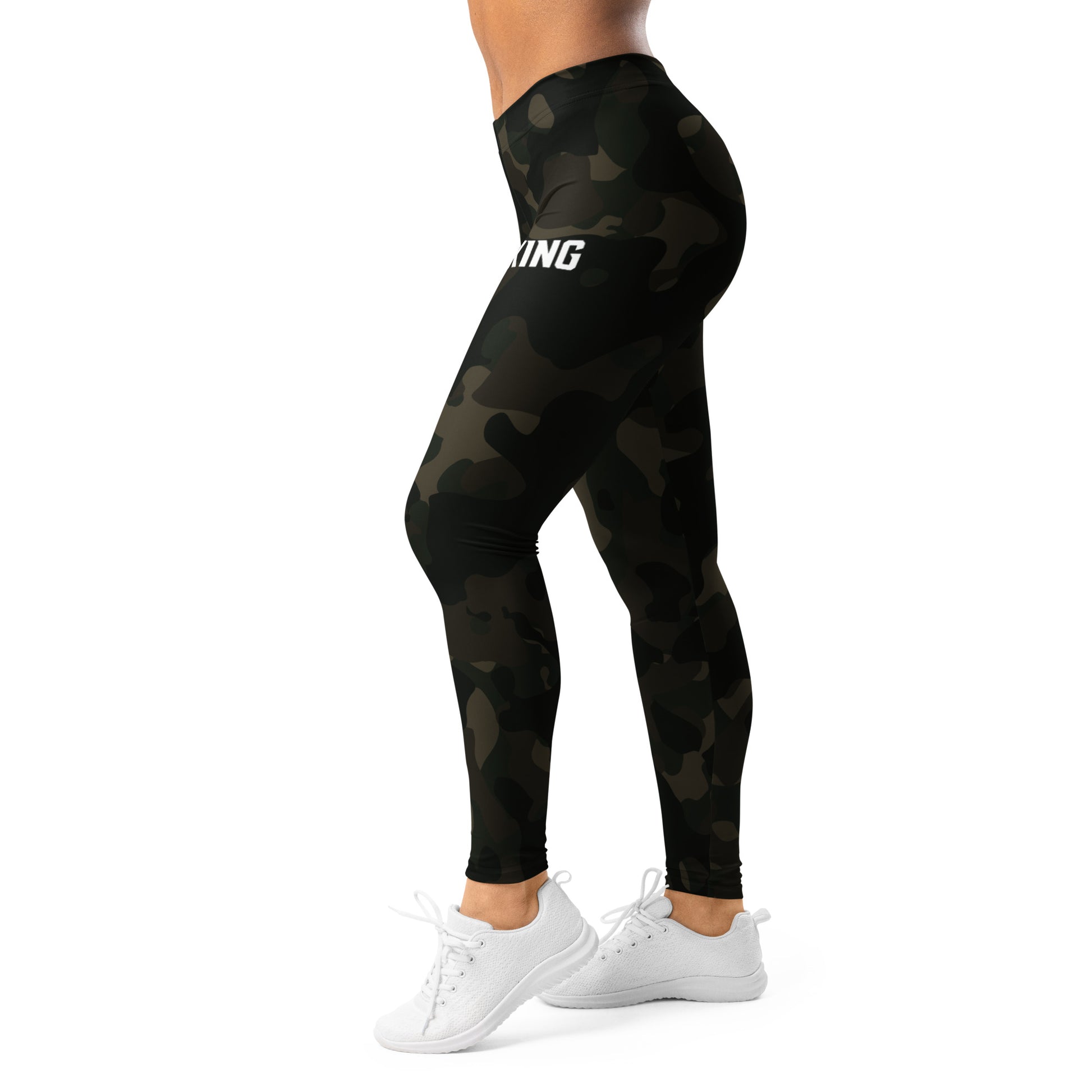 Side view of KING Lioness Military Camo Leggings – Jungle Edition, fitted performance leggings with subtle camo texture