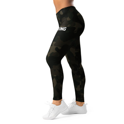 Side view of KING Lioness Military Camo Leggings – Jungle Edition, fitted performance leggings with subtle camo texture