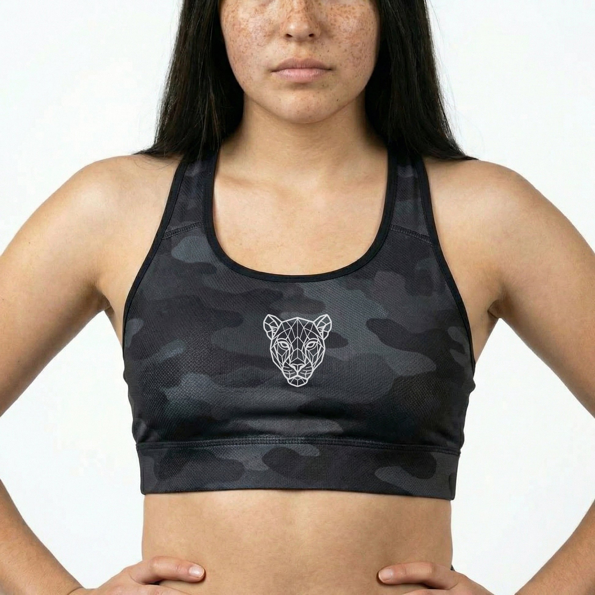 Front view of KING Lioness Dark Camo Sports Bra, performance sports bra with subtle camo texture and supportive fit