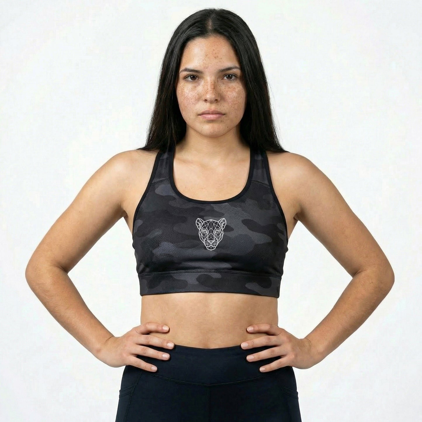 KING Lioness Dark Camo Sports Bra – Geometric Lioness Edition, premium women's athletic sports bra with dark camouflage pattern and minimalist logo