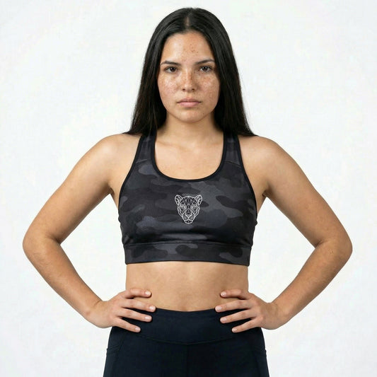 KING Lioness Dark Camo Sports Bra – Geometric Lioness Edition, premium women's athletic sports bra with dark camouflage pattern and minimalist logo
