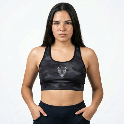 Model wearing KING Lioness Dark Camo Sports Bra, premium activewear designed for training and comfort