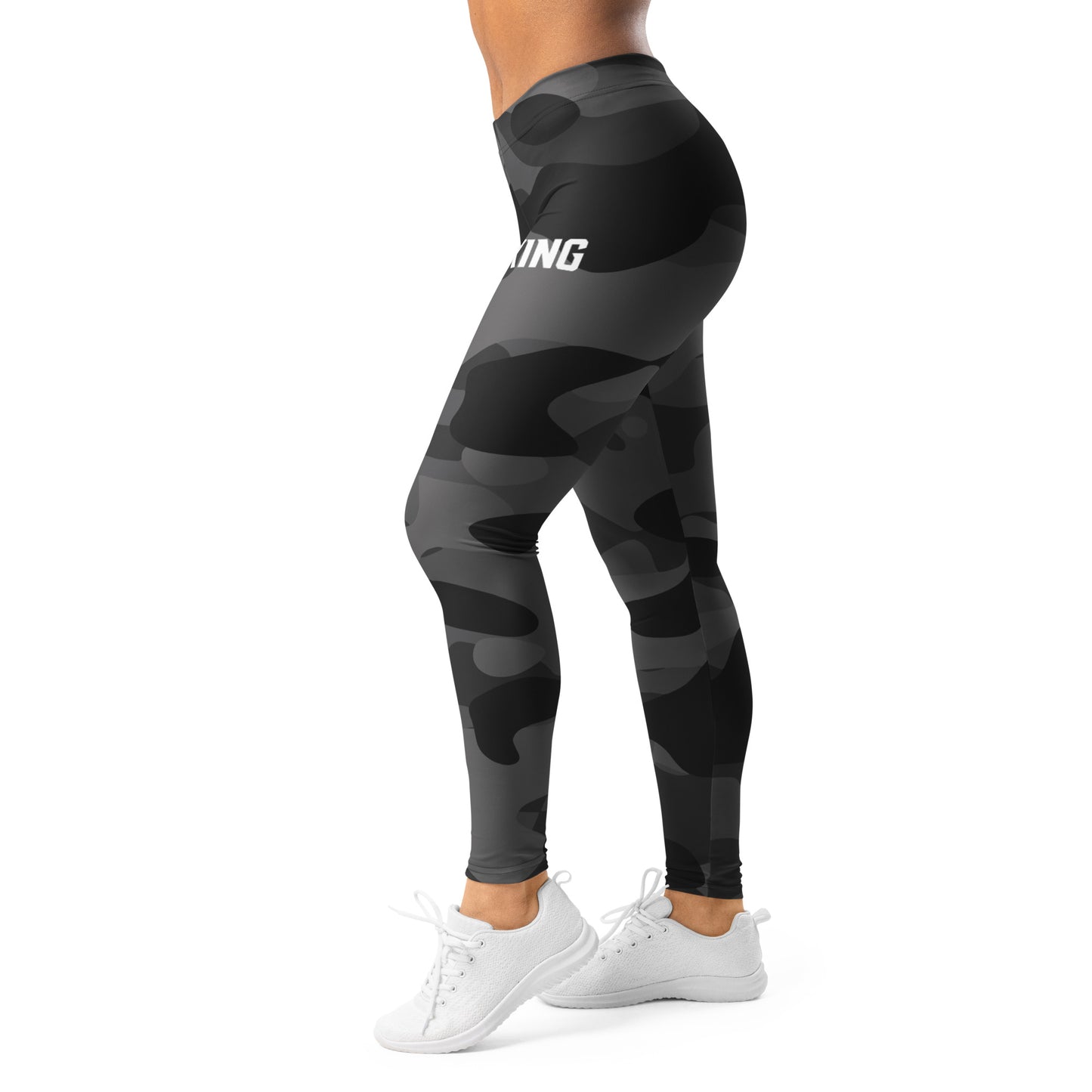 Shadow camo KING Lioness leggings – back angle lifestyle mockup.